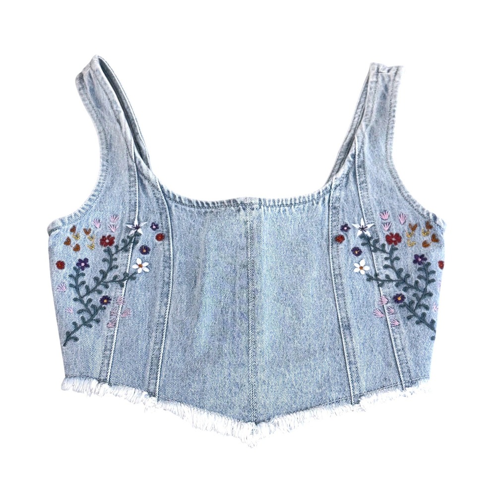 Banjara Denim Corset Crop Top Size S Floral Embroidered Frayed Hem Light Wash